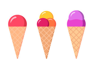 Set of flat ice cream in waffle cone on white isolated background. Food tasty illustration. Summer objects.