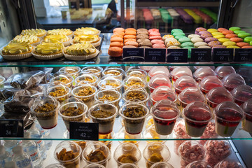 Showcase confectionery. Various delicious sweet desserts