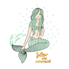 Beautiful mermaid isolated on white background.Follow the mermaid.Beautiful young woman with a fish tail. Vector Stock illustration.