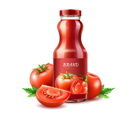 Vector realistic tomato juice glass bottle ripe