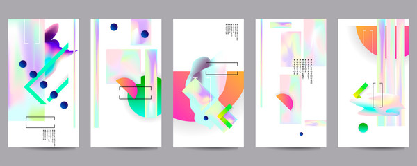 Obraz premium Gradient mesh cover set of backgrounds texture foil pearl shades. Abstract stylish gradient with holographic foil. 90s, 80s retro style