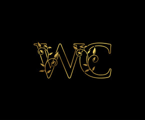 Classy Gold Line letter W, C and WC Vintage decorative ornament emblem badge, wedding logo, classy letter logo icon.