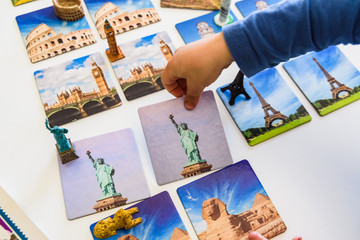 Valencia, Spain - April 4, 2019: Cards with famous monuments of the world used in a children's school.