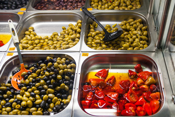 Green and black olives in the oriental market
