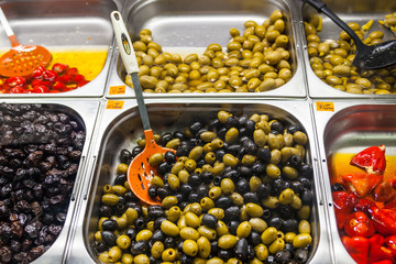Green and black olives in the oriental market