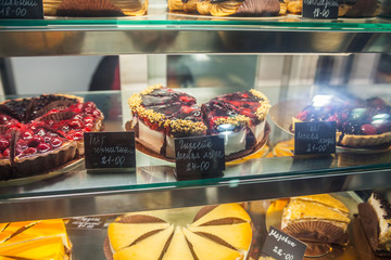 Showcase confectionery. Various delicious sweet desserts