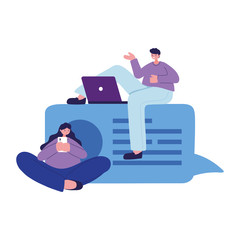 Woman and man with smartphone and laptop chatting vector design