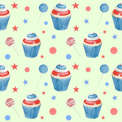Watercolor Seamless pattern Fourth of July with cupcakes and sticks