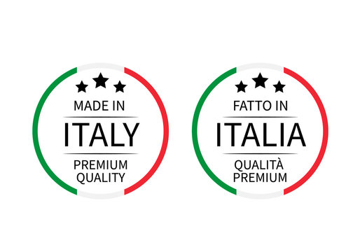 Made in Italy Premium Quality and Fatto in Italia round labels in English and Italian isolated on white. Vector icon. Perfect for logo design, tags, badges, stickers, emblem, product packaging.