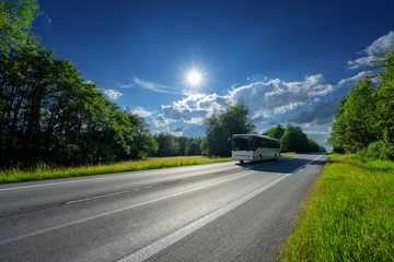 White bus traveling on the asphalt road between the clearing and the forest under radiant sun