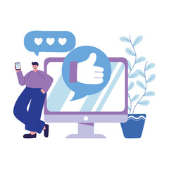 Man with smartphone and computer chatting vector design