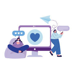 Seated women with smartphone and computer chatting vector design