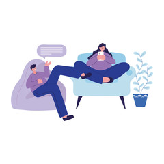 Woman and man on puf and chair with smartphone chatting vector design