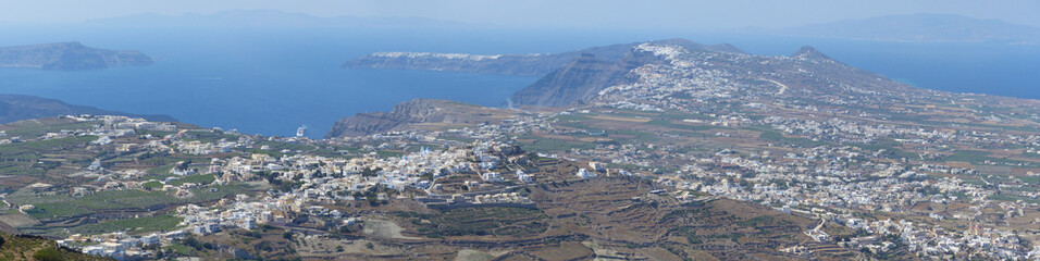 Panoramic view of all Santorini, from the highest point of the island. Santorini island, Thira, Cyclades islands, Greece.