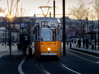 Obraz premium yellow tram used in Budapest as public transport.
