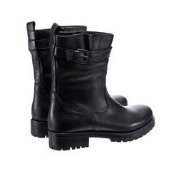 black semi leather female boots, object isolated on white background, clothing accessory