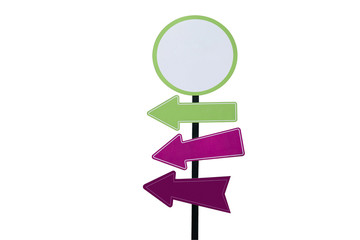 One round plastic white with a green edge blank sign and three plastic directional arrows green pink and purple
