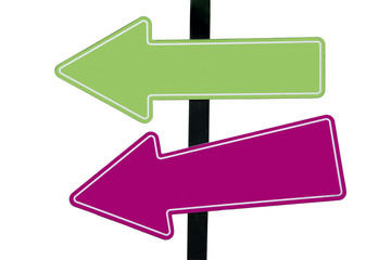 Two plastic directional arrows green and purple signs isolated on white background