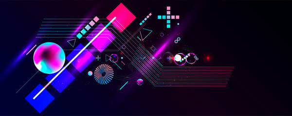 Dark retro futuristic art neon abstraction background cosmos new art 3d starry sky glowing galaxy and planets blue circles