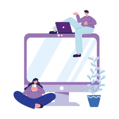 Woman and man with smartphone computer and laptop chatting vector design