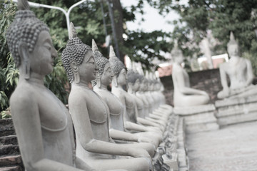 Row of Buddha statues in Wat Yai Chaimongkol in Ayutthaya ,Thailand