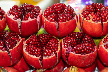 Thai fruit, Ripe Pomegranate, Pomegranate background, Tubtim is thai call, Some cuts in half to show the freshness, In Fruit Market