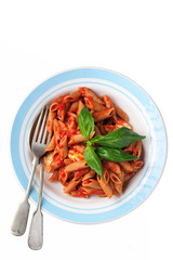 Penne pasta with mozzarella in tomato sauce and Basil on a white background