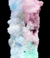 Colorful clouds, smoke effect flowing with turbulences and speed. Cloud collision isolated on black background. Colored abstract smoke explosion dynamic flow. 3D rendering