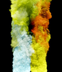 Colorful clouds, smoke effect flowing with turbulences and speed. Cloud collision isolated on black background. Colored abstract smoke explosion dynamic flow. 3D rendering