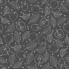  Seamless pattern of Apples and leaves on gray background. Black and white doodle sketch. Hand drawn digital paper. Blackboard. For cafe menu, fabric, packing, wrapping, advertizing of fruit shop 