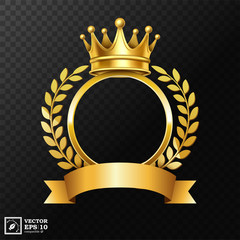 Realistic Golden Crown with Laurel Wreath and a Gold Ribbon for text, isolated on a transparent background. Vector Illustration