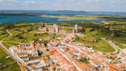 Aerial view of the castle of Mourão - Portugal. Beautiful view of the castle and the Alentejo landscape