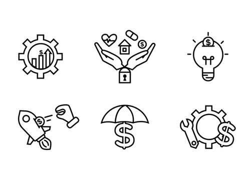 Financial services icons set. Icons insurance, venture capital, asset management. Icons gear with a mechanical key and a dollar sign, palm with a lock, a house, a heart, a tablet and a coin