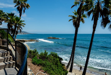 View of a newly reopened Laguna Beach city beach from above during the start of Phase 2 of reopening California.