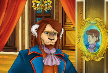 Obraz premium cartoon scene with enchanted prince as a beast in the medieval castle illustration
