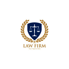 Law office logo in the form of shield. The judge, Law firm logo template, lawyer set of vintage labels. Lawyer Attorney Advocate Logo design vector template.  Shield Law Legal firm Security comp