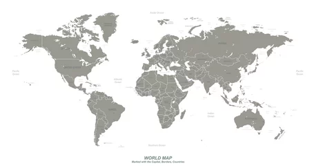 Foto op Plexiglas anti-reflex Wereldkaart met gemarkeerde landen, hoofdstad, grens. hoge kwaliteit wereldkaart vector. © Tuna salmon