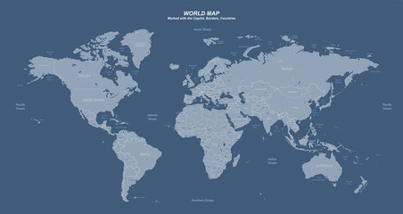 World map with marked countries, capital, border. high quality world map vector.