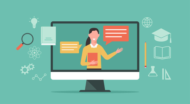 E-learning, online education, distance learning, online course concept, home school, woman teacher teaching on laptop computer screen, new normal, vector flat illustration