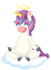 Cute purple unicorn wearing star glasses in sitting on cloud position on white background