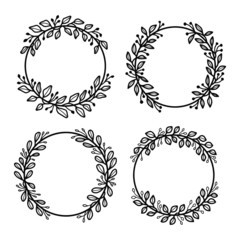 Set of hand drawn summer flower wreaths and floral frames isolated on white background for greeting card or wedding invitation