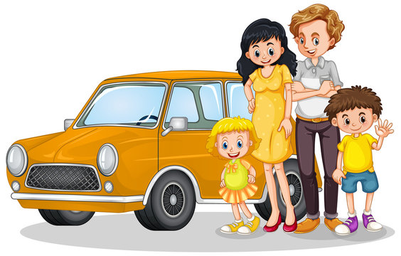Happy family in front of car