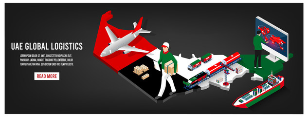 Modern isometric concept of UAE transportation with Global Logistics, Warehouse Logistics, Sea Freight Logistics. 
Easy to edit and customize. Vector illustration