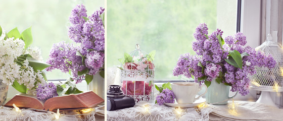 romantic style collage with lilac blossoms on window sill