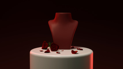 Jewellery necklace display 3D rendering maroon red