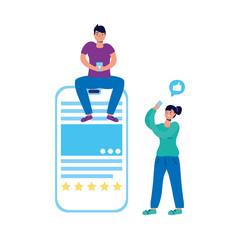 young couple using smartphone characters