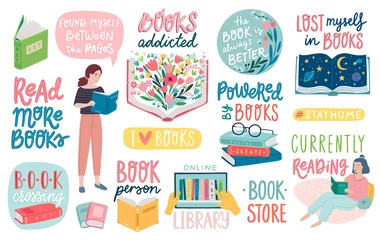 Buchbeschriftungen, lesende Menschen und andere Elemente. Motivationszitate gesetzt. © avian