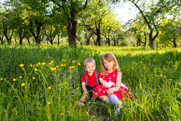 brother and sister are sitting in a park under a tree among the flowers and smiling