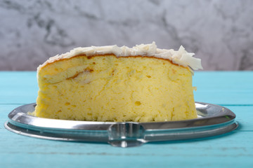 cut out cheese cake with chocolate flake on top