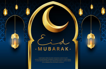 Eid mubarak background in luxury style. Vector illustration of dark green islamic design with gold lantern or fanoos for Islamic holy month celebrations. Islamic holiday festival celebration